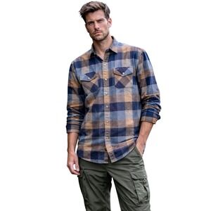 Jetty "Breaker" 100% Cotton Flannel Shirt - Navy/Tan Plaid - Large F21